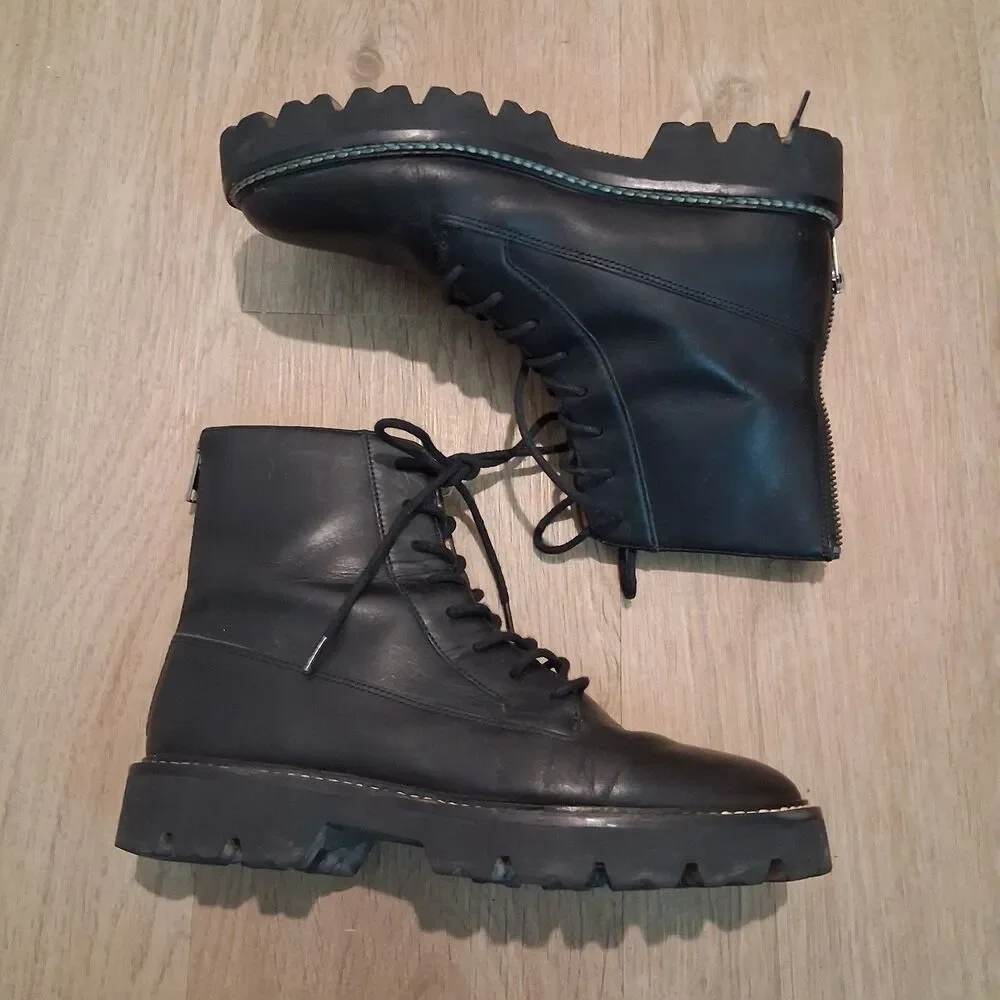 Madewell Women’s Black Leather Combat Ankle Boots Lace-Up Back Zipper S 7, Goth